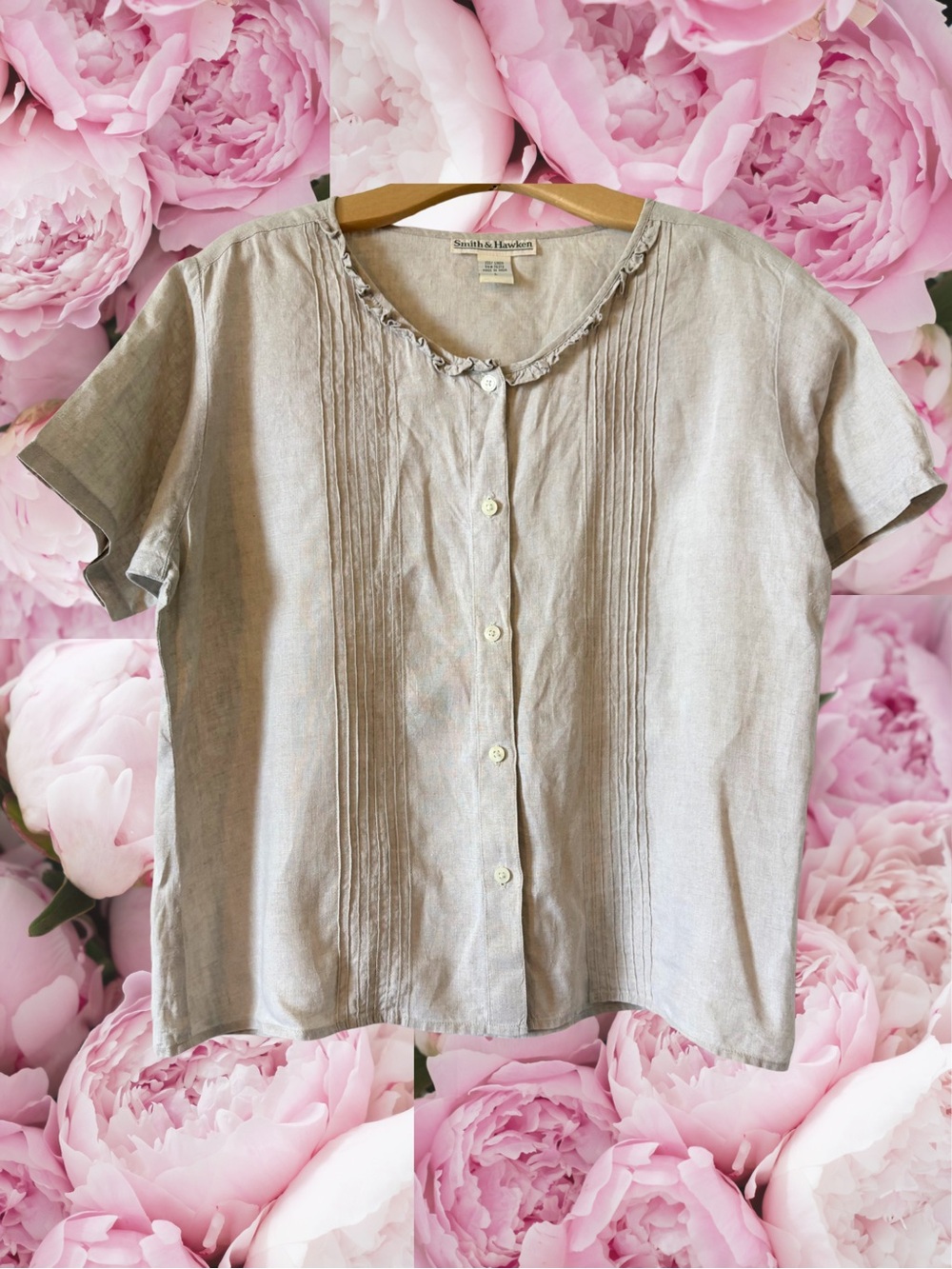 Smith & Hawken Linen Oatmeal Button Up Short Sleeve Top Size Women’s Size Large